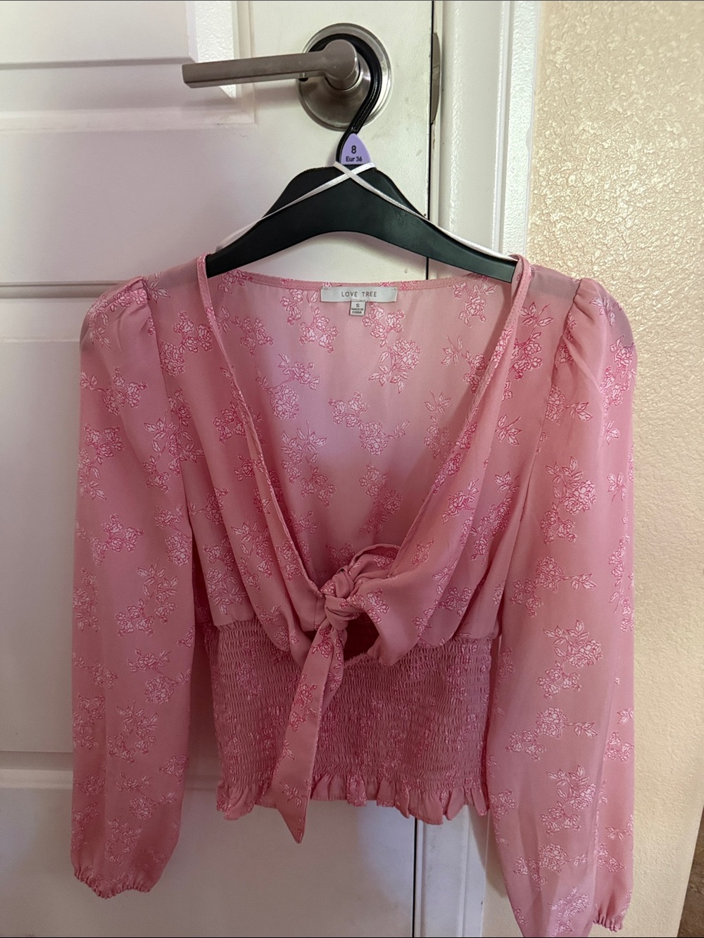 Love Tree Pink Tie-Front Smocked Waist Blouse